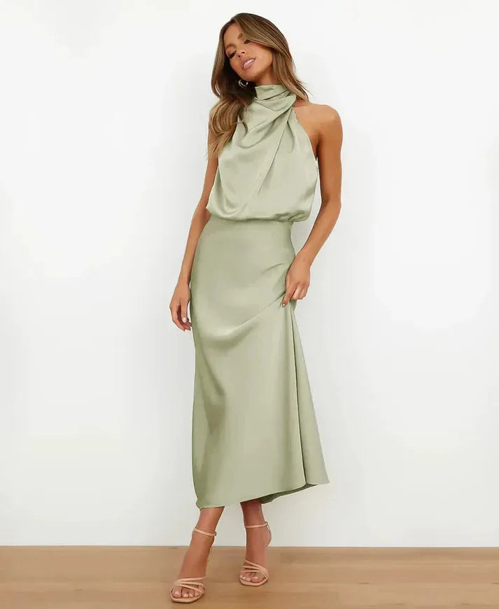 Elegant Satin Midi Dress with Draped Cowl Neckline image 15