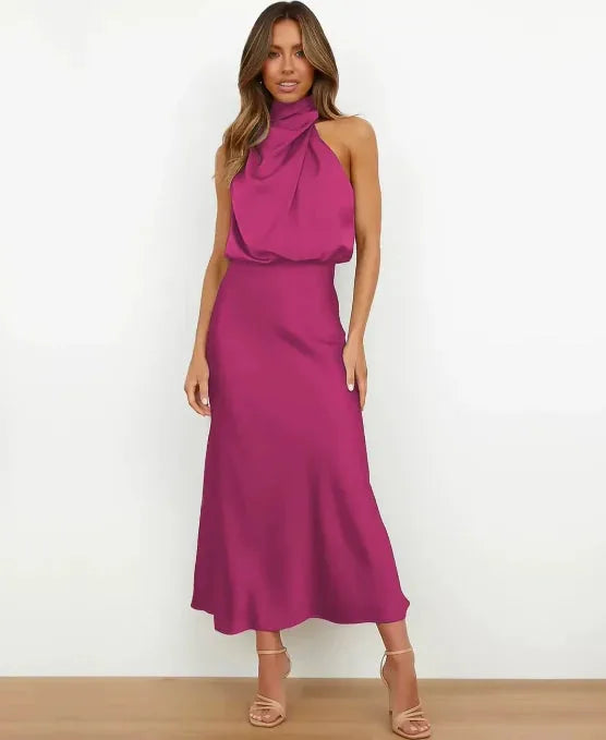 Elegant Satin Midi Dress with Draped Cowl Neckline image 18