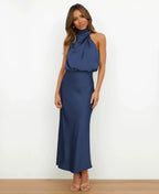 Elegant Satin Midi Dress with Draped Cowl Neckline image 23