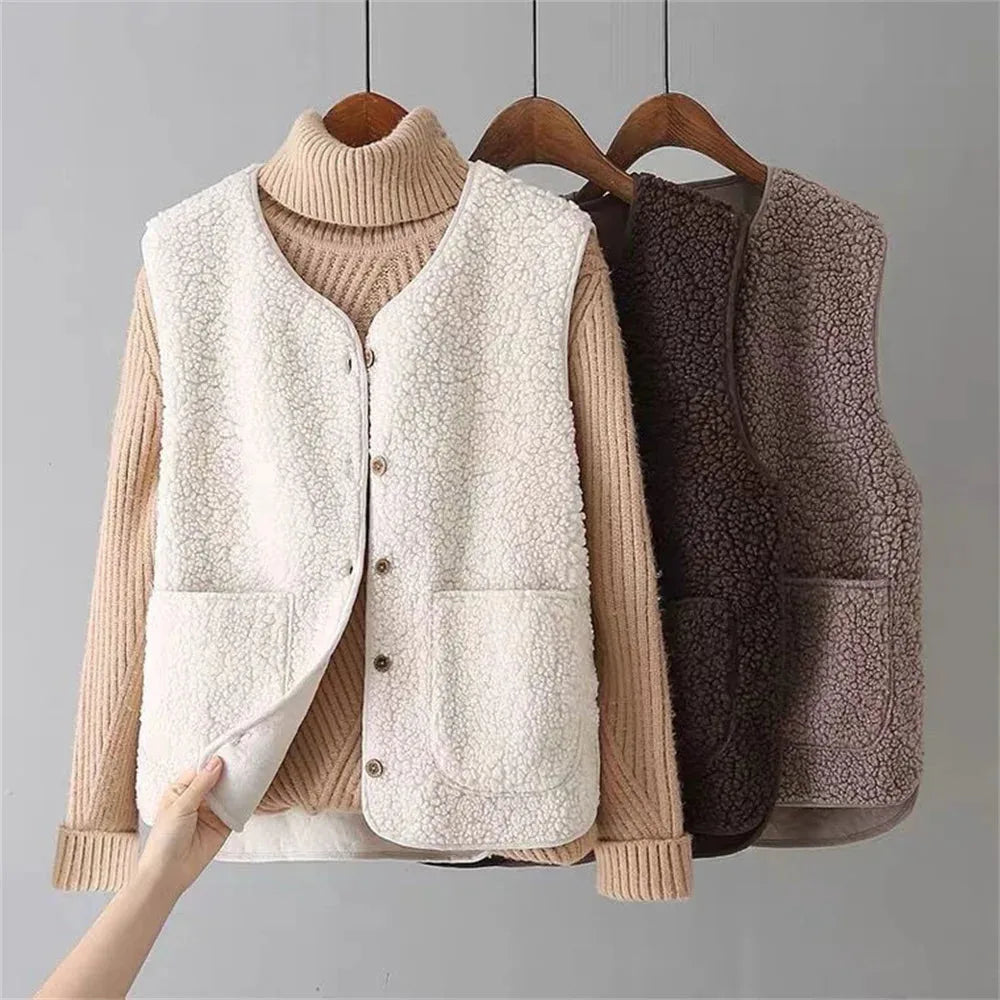 Three sherpa fleece puffer vests in white, dark brown and taupe hanging on wooden hangers with a hand showing the soft suede lining