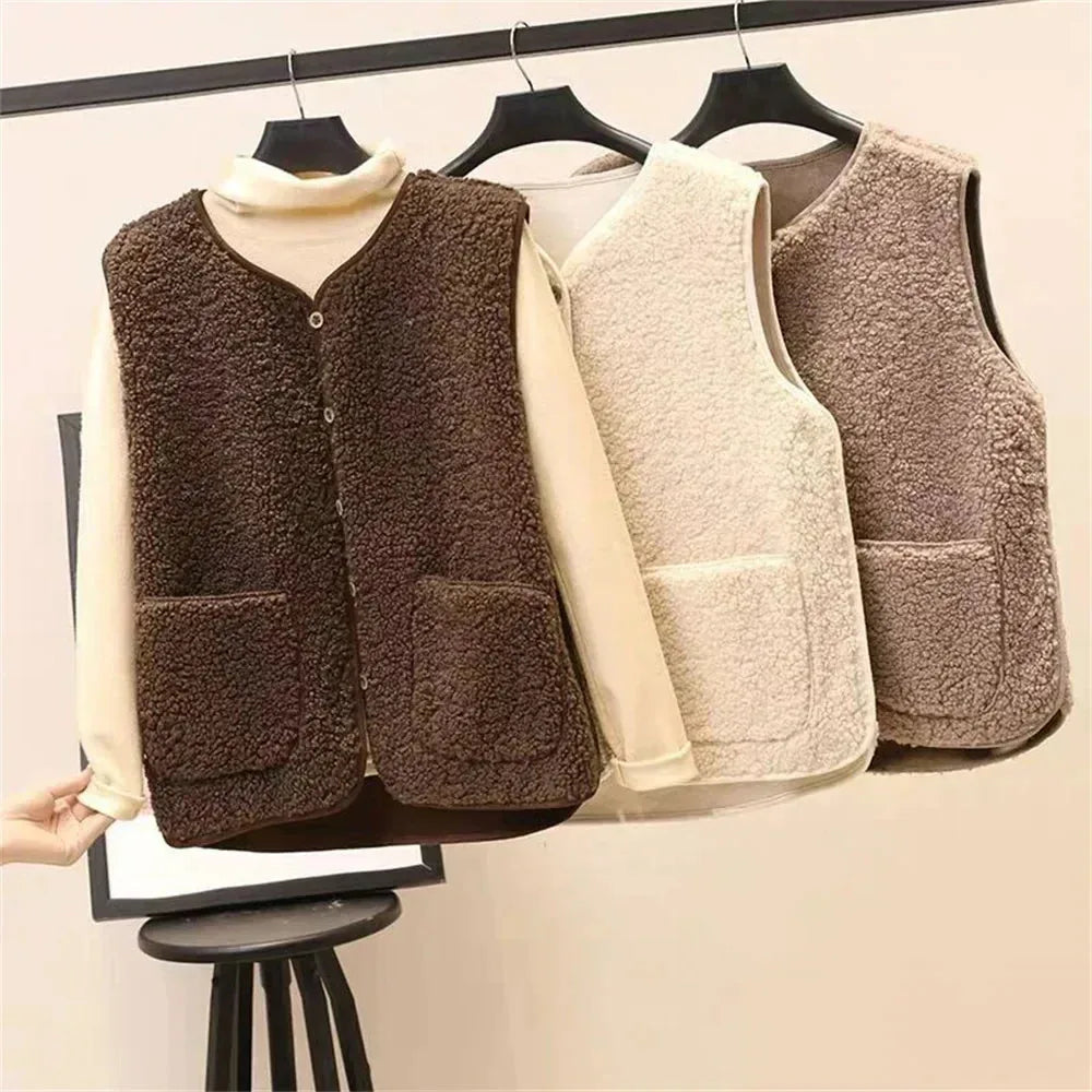 Three sherpa fleece vests in brown, white and taupe hanging together on a clothing rail, front view showing patch pockets