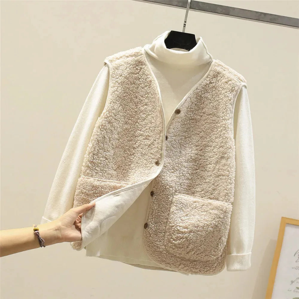 Cream sherpa fleece vest over a white turtleneck jumper, hand pulling back the front edge to show the soft inner lining