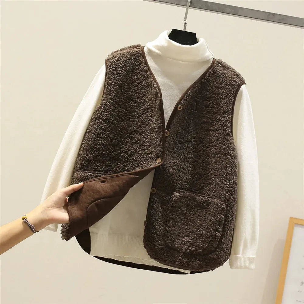 Close-up front view of a white sherpa fleece vest with wooden buttons and dual patch pockets over a camel knit jumper