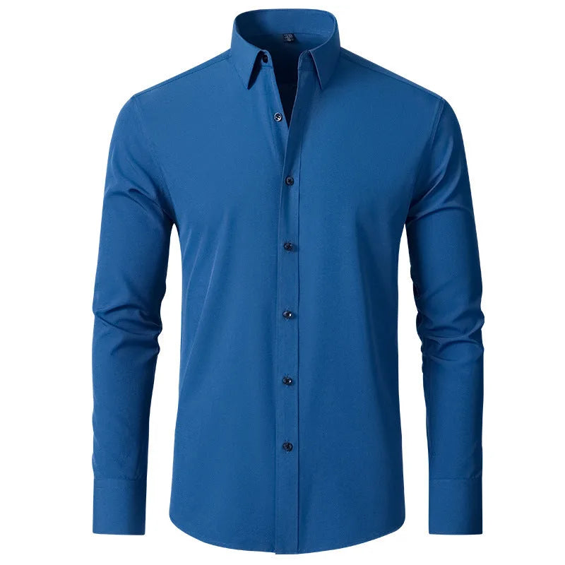 Front view of a slim-fit blue men's dress shirt with button-down collar and dark buttons on a white background