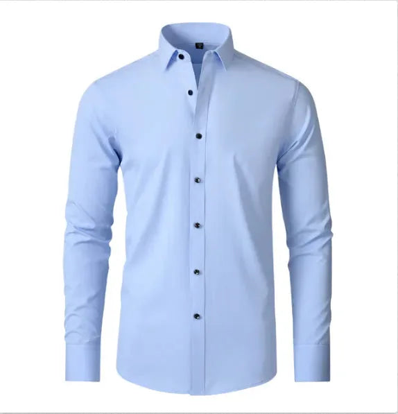 Front product shot of a light blue slim-fit men's shirt with spread collar and dark button detailing