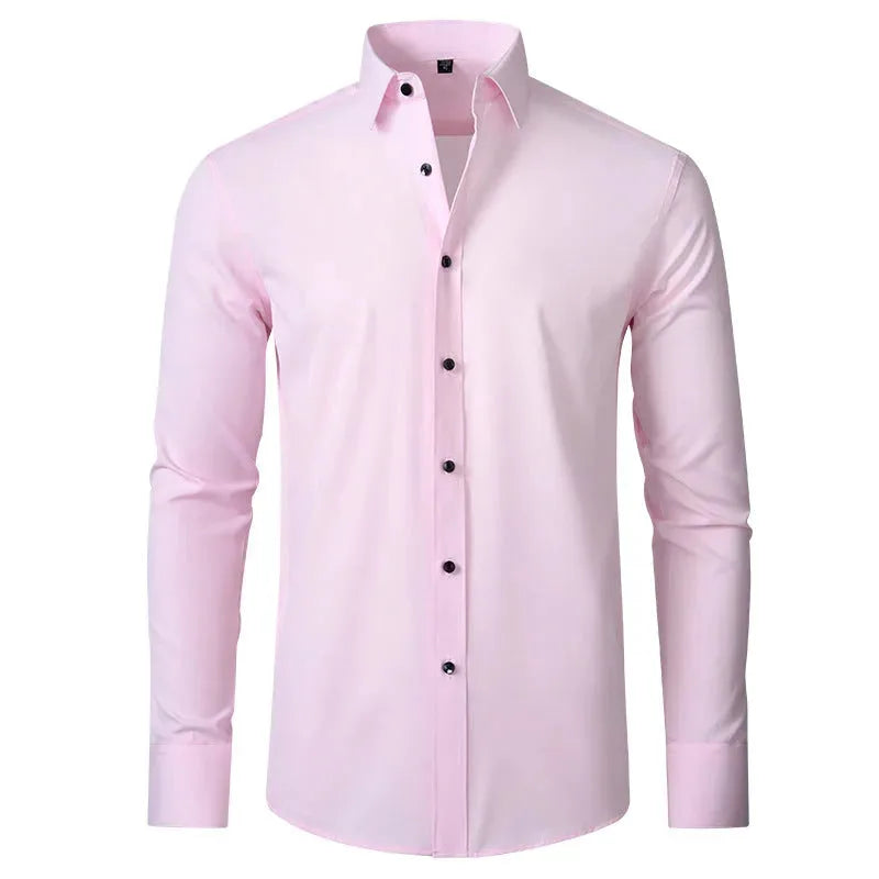 Front product shot of a pink slim-fit men's dress shirt with buttoned cuffs on a white background