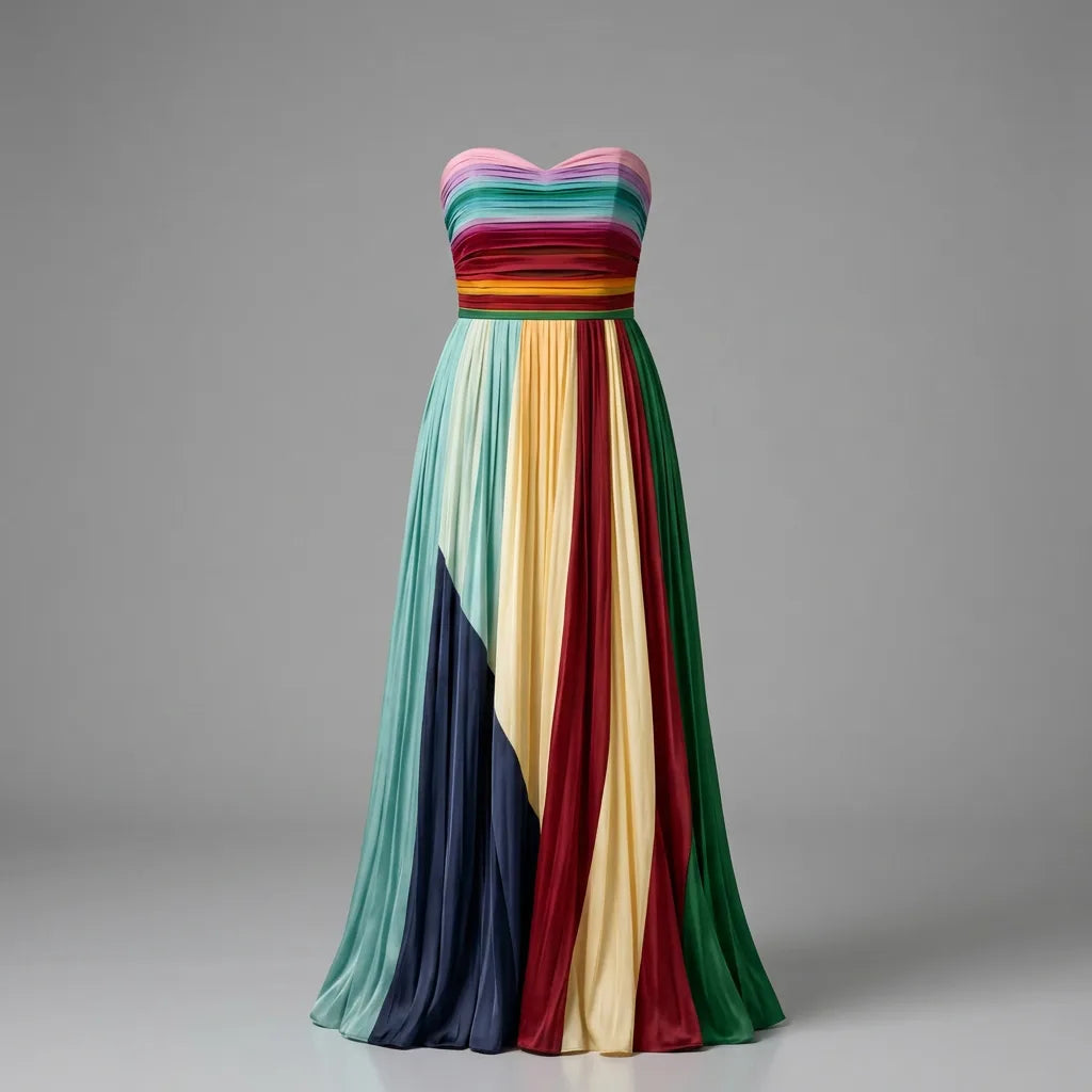 Strapless multicolour pleated maxi dress on a mannequin, showing fitted ombre bodice and sweeping colour-block skirt panels.