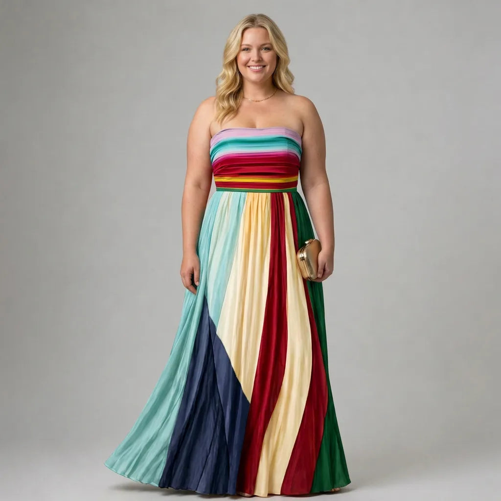 Smiling woman wearing the strapless multicolour pleated maxi dress with a gold clutch, standing against a plain grey backdrop.