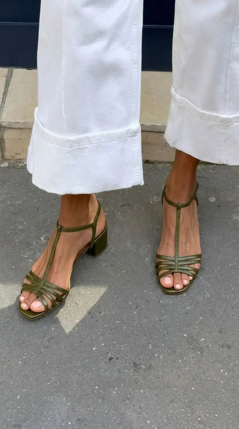 Strappy Metallic T-Bar Block Heel Sandals for Women image 11