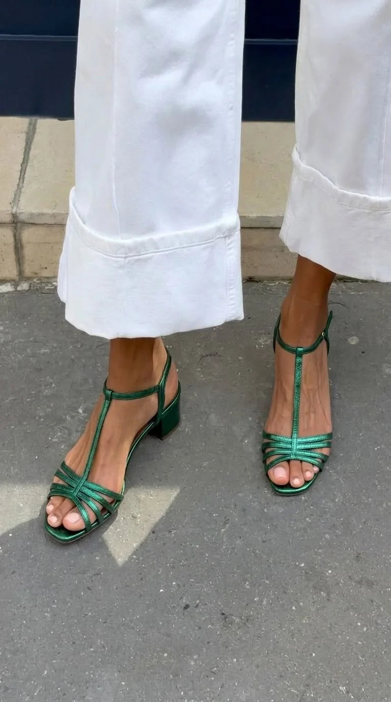 Strappy Metallic T-Bar Block Heel Sandals for Women image 9