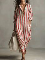 Close-up of a red and white striped maxi dress with deep V-neck and gathered sleeve