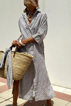 Blue and taupe geometric diamond print shirt dress with collared neckline and 3/4 sleeves