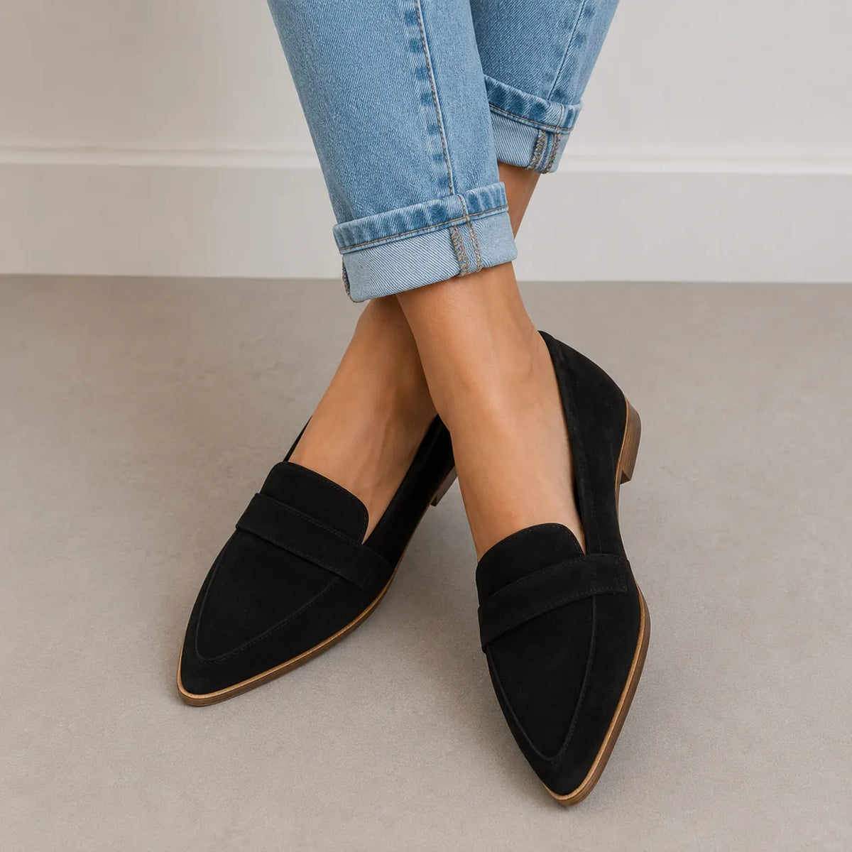 Crossed feet in black suede pointed-toe loafers with a low stacked heel, paired with light-wash denim