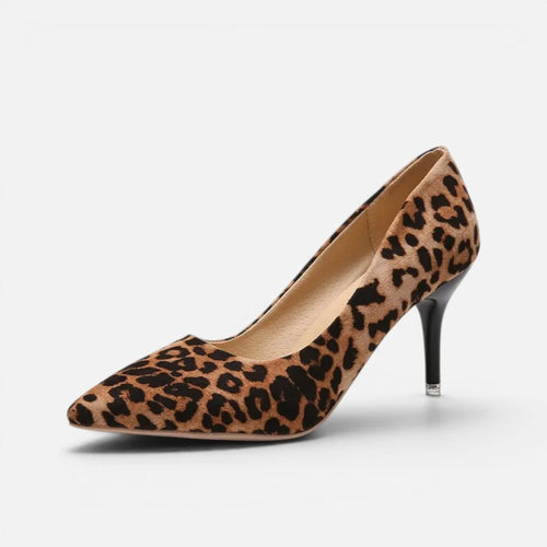 Side view of leopard print suede kitten heel pump with pointed toe and slim heel