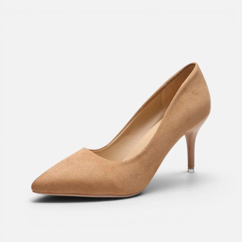Side profile of camel brown suede pointed toe kitten heel pump on a plain background