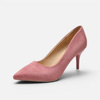 Side view of dusty pink suede kitten heel pump with pointed toe silhouette