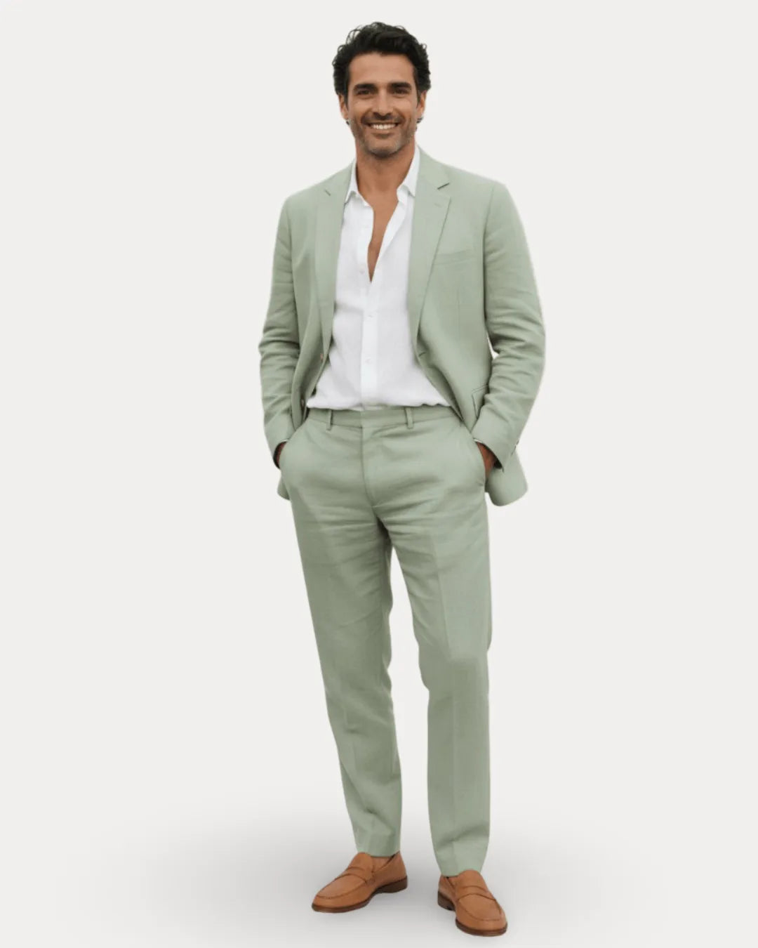 Man smiling wearing a sage green linen suit with open-collar white shirt and tan loafers, front view
