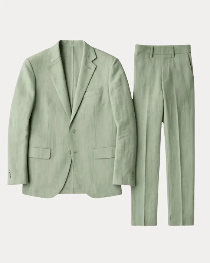 Flat lay of the sage green linen blazer and trousers shown together against a plain background