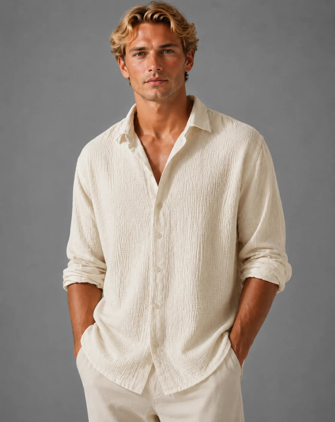 Man wearing an apricot/cream textured cotton shirt, buttoned front, sleeves rolled to forearm
