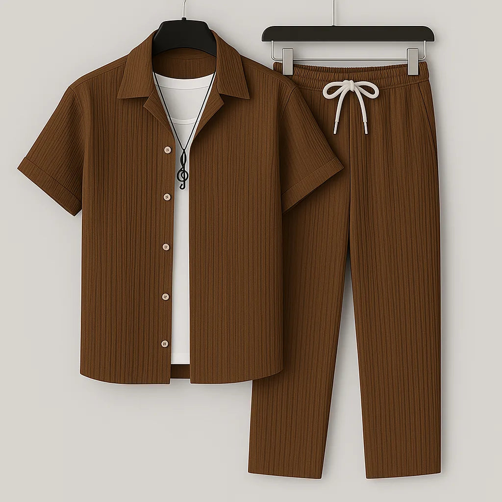 Brown textured ribbed short-sleeve shirt and matching drawstring trousers on hangers, worn over a white tee