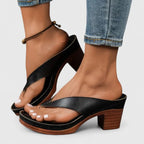 Back and side view of black sandals worn together, showing stacked heel height and platform sole
