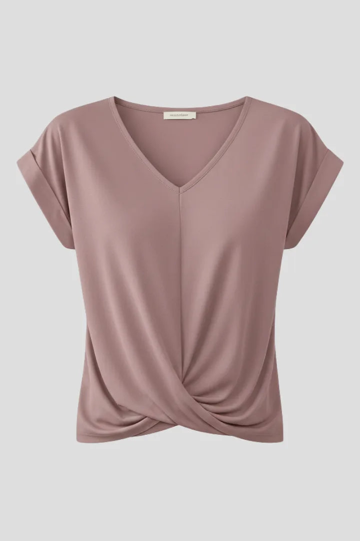 Dusty mauve V-neck top shown flat, with cap sleeves, twist-front hem detail and centre seam
