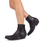 Side profile of black leather cowboy ankle boots showing elastic gusset panel and stacked block heel