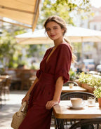 Side profile showing the wrap jumpsuit's cuffed sleeves and pleated waistband against a studio backdrop