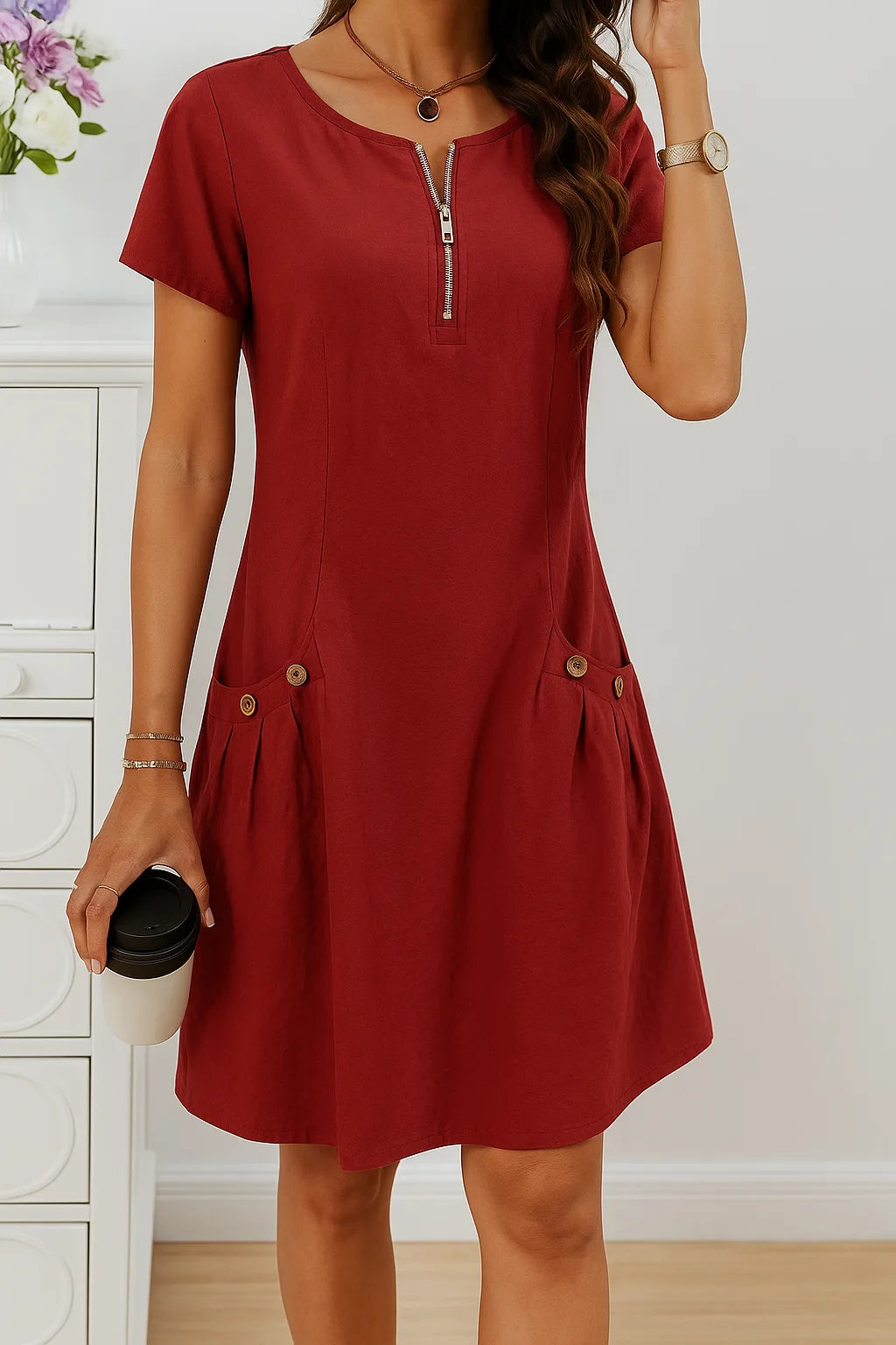 Rust red midi dress shown from the front, showcasing the metallic zip pull and relaxed fit through the waist